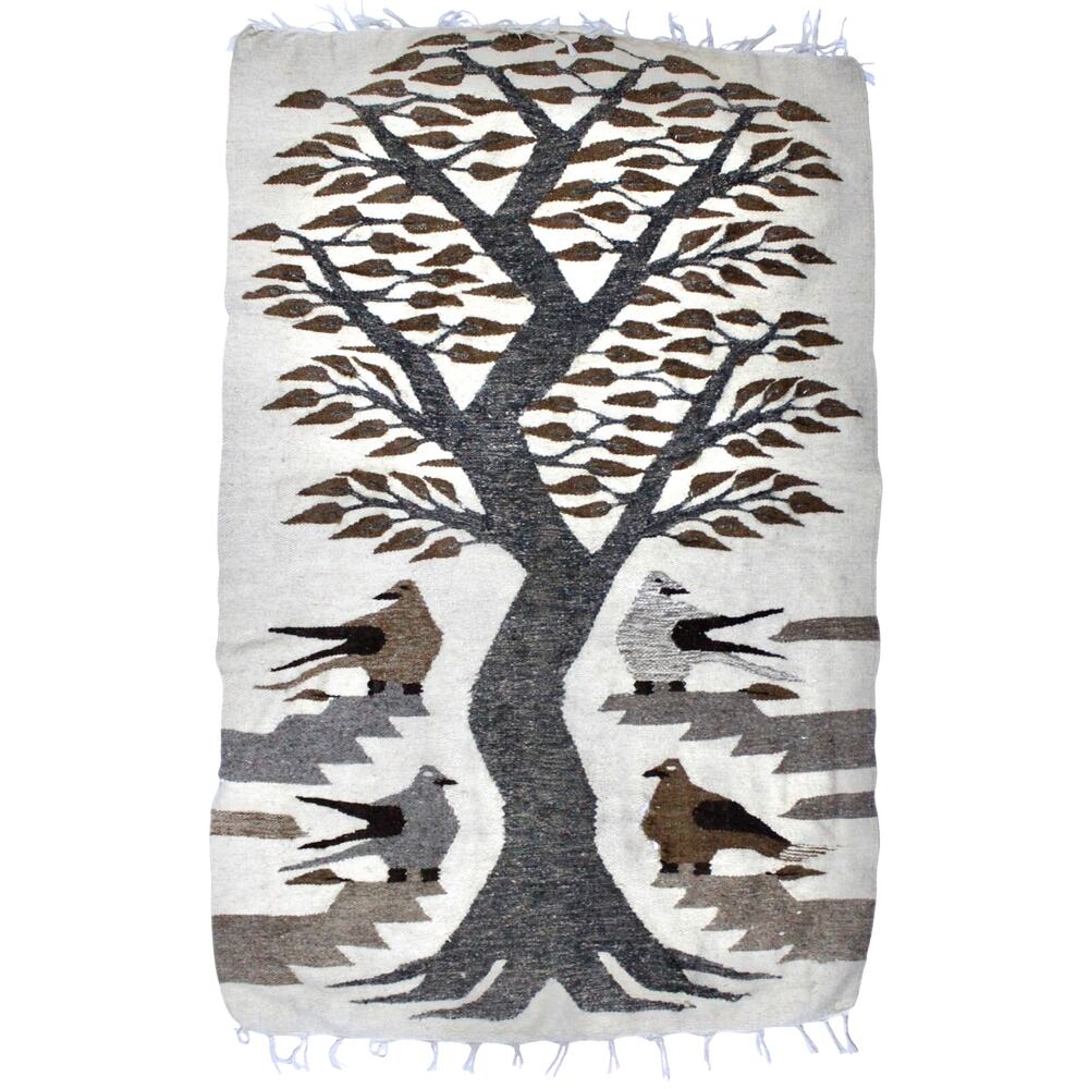 Vintage Egyptian naturalist wool kilim tapestry rug Tree of Life birds 54" x 36"